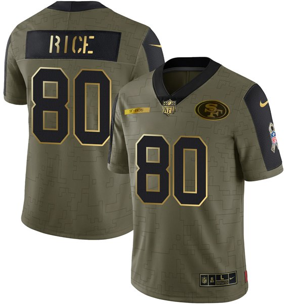 Men's San Francisco 49ers #80 Jerry Rice 2021 Olive Camo Salute To Service Golden Limited Stitched Jersey Men's San Francisco 49ers #80 Jerry Rice 2021 Olive Camo Salute To Service Golden Limited Stitched Jersey